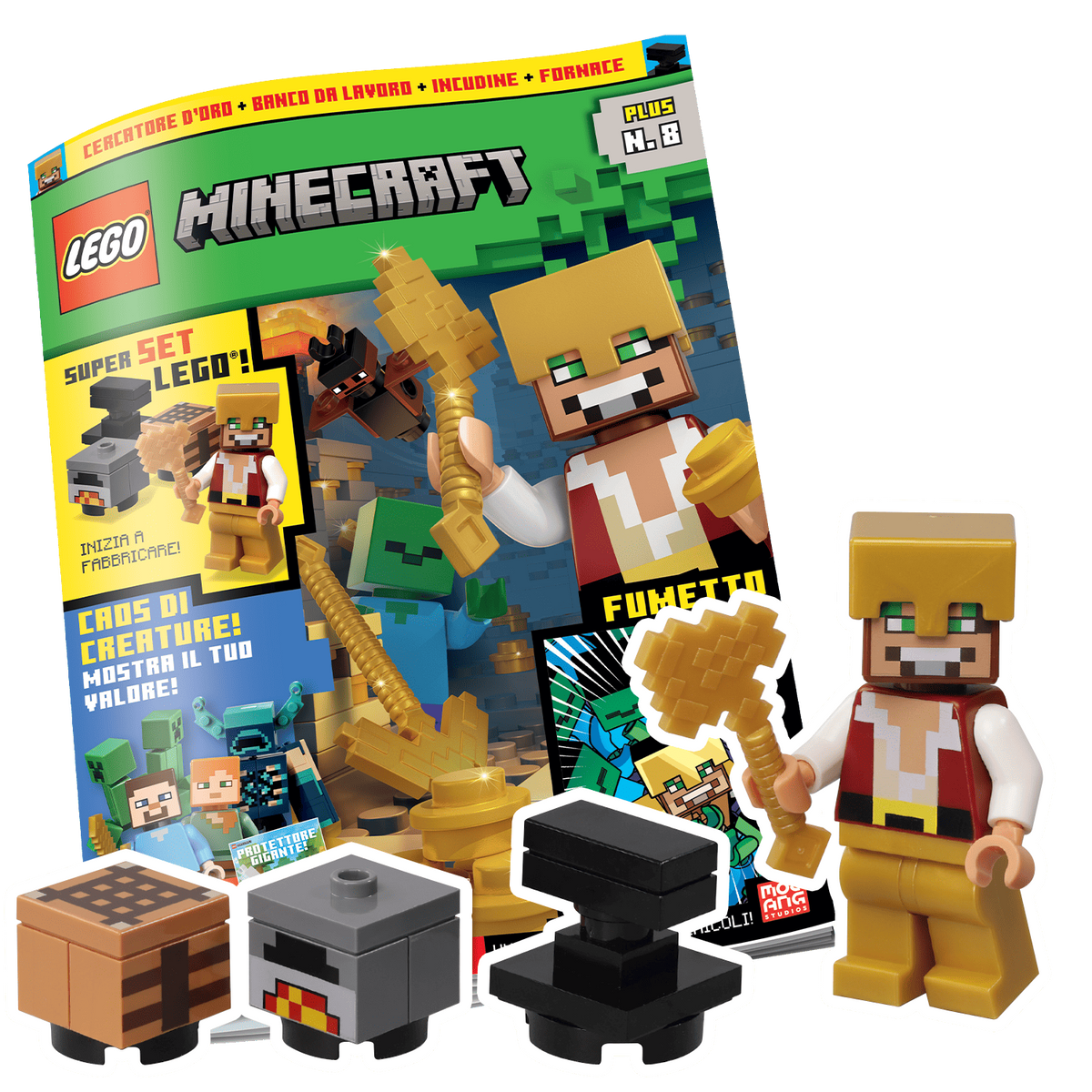 LEGO MINECRAFT PLUS N.8 - SET LEGO: CERCATORE D’ORO + BANCO DA LAVORO + INCUDINE + FORNACE