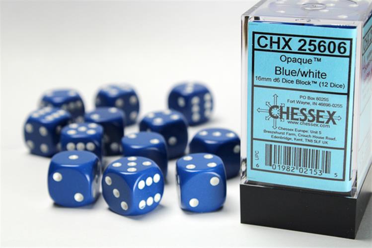 CHX 25606 - SET 12 DADI 6 FACCE 16MM OPACHI - BLUE W/WHITE