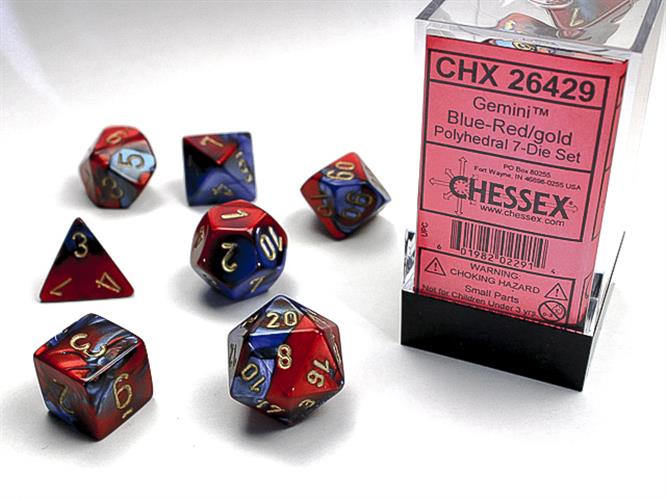 CHX 26429 - SET 7 DADI POLIEDRICI GEMINI - BLUE-RED W/GOLD