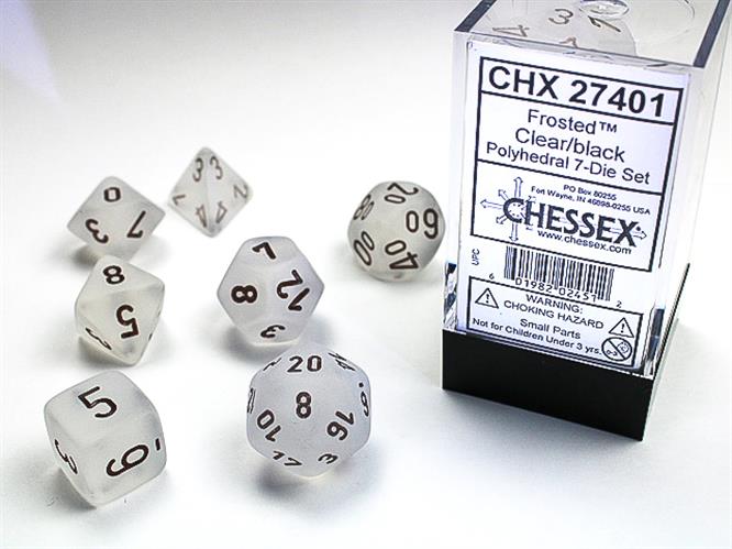 CHX 27401 - SET 7 DADI POLIEDRICI - FROSTED CLEAR W/BLACK