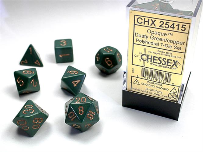 CHX 25415 - SET 7 DADI POLIEDRICI OPACHI - DUSTY GREEN W/GOLD