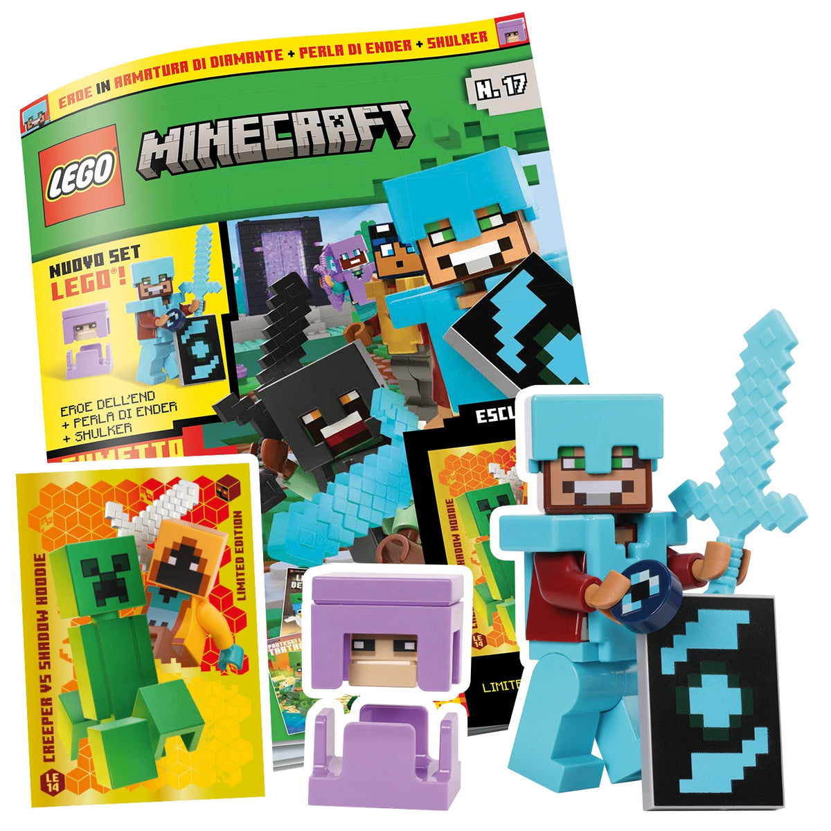 LEGO MINECRAFT N.17 - EROE + PERLA DI ENDER + SHULKER + LIMITED CARD LE14 CREEPER VS. SHADOW HOODIE