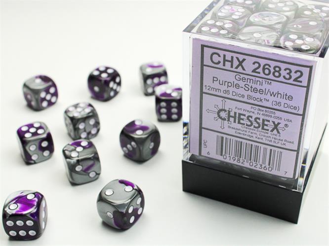 CHX 26832 - SET 36 DADI 6 FACCE 12 MM GEMINI - PURPLE-STEEL W/WHITE
