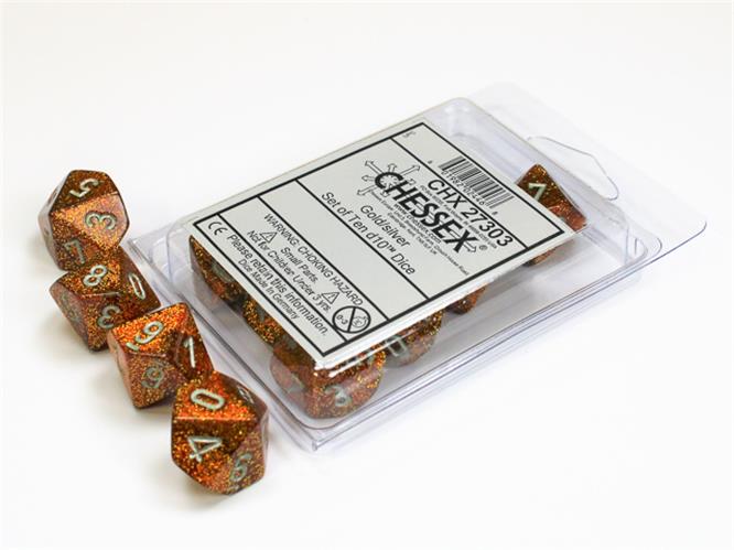 CHX 27303 - SET 10 DADI 10 FACCE - GLITTER POLYHEDRAL GOLD/SILVER