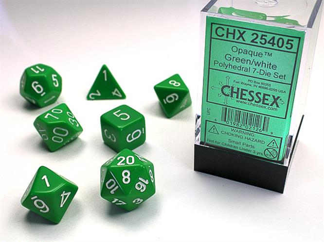 CHX 25405 - SET 7 DADI POLIEDRICI OPACHI - GREEN W/WHITE