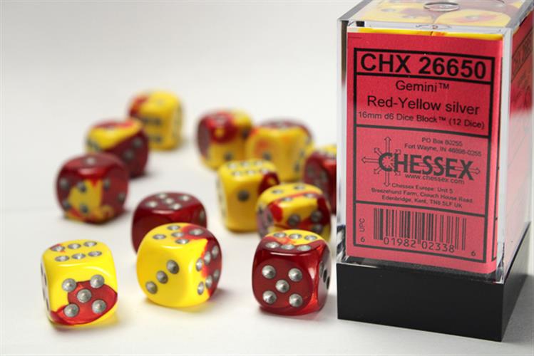 CHX 26650 - SET 12 DADI 6 FACCE 16MM GEMINI - RED-YELLOW W/SILVER