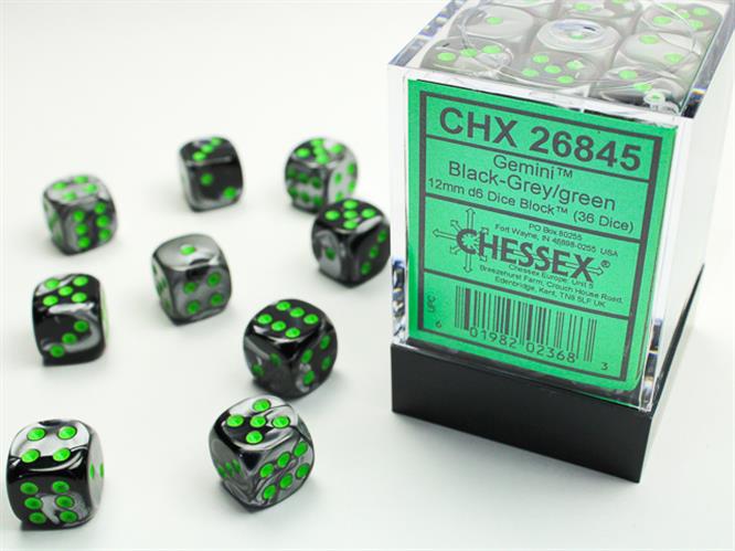 CHX 26845 - SET 36 DADI 6 FACCE 12 MM GEMINI - BLACK-GREY W/GREEN