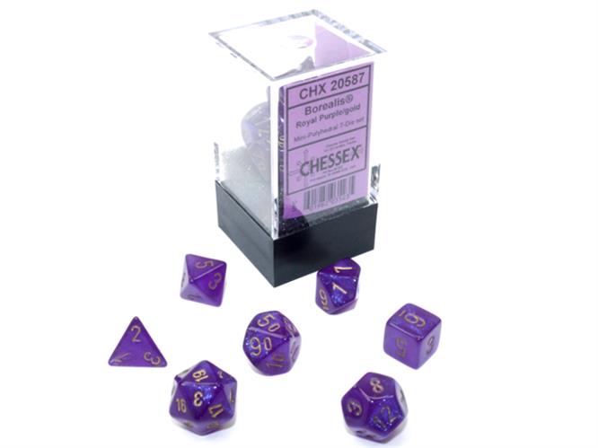 CHX 20587 - SET 7 DADI POLIEDRICI MINI - BOREALIS ROYAL PURPLE/GOLD LUMINARY
