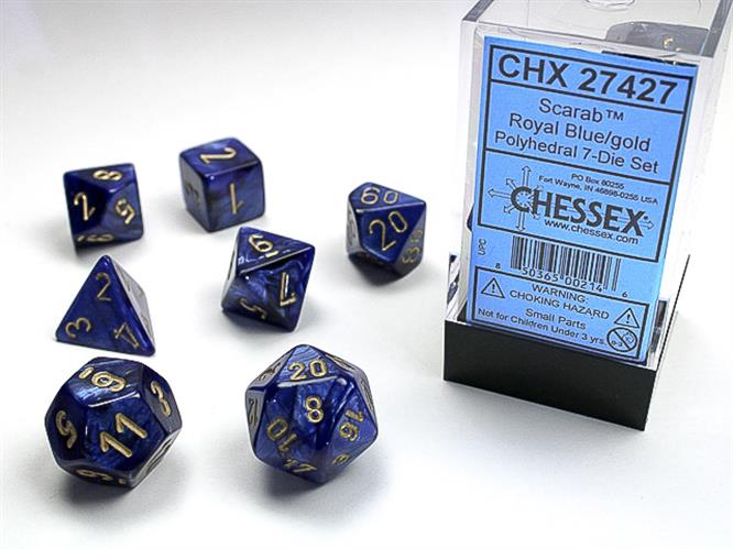 CHX 27427 - SET 7 DADI POLIEDRICI - SCARAB ROYAL BLUE W/GOLD