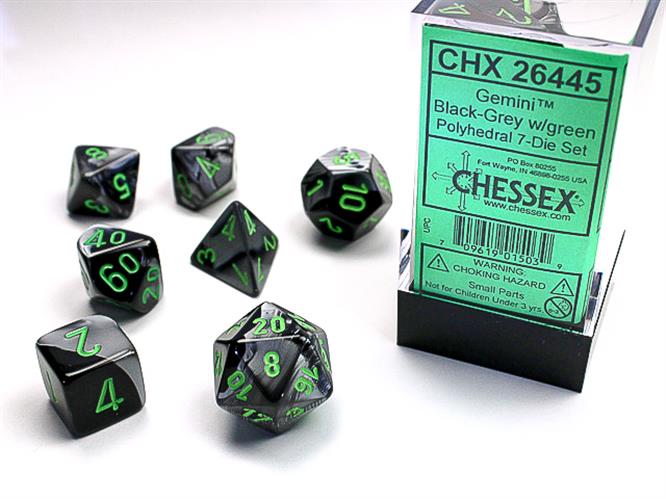 CHX 26445 - SET 7 DADI POLIEDRICI GEMINI - BLACK-GREY W/GREEN