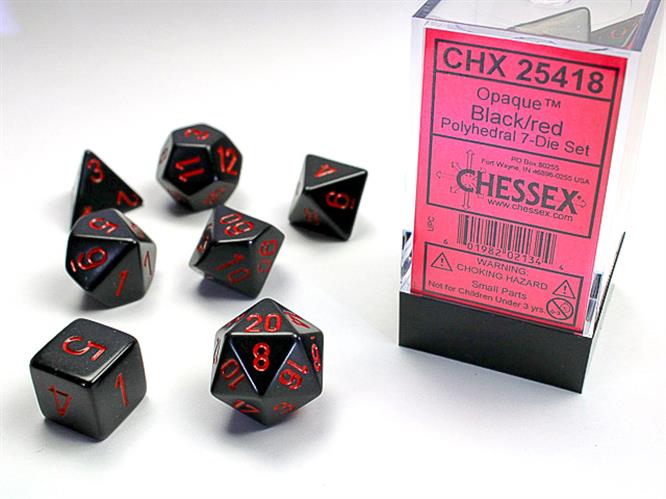 CHX 25418 - SET 7 DADI POLIEDRICI OPACHI - BLACK W/RED