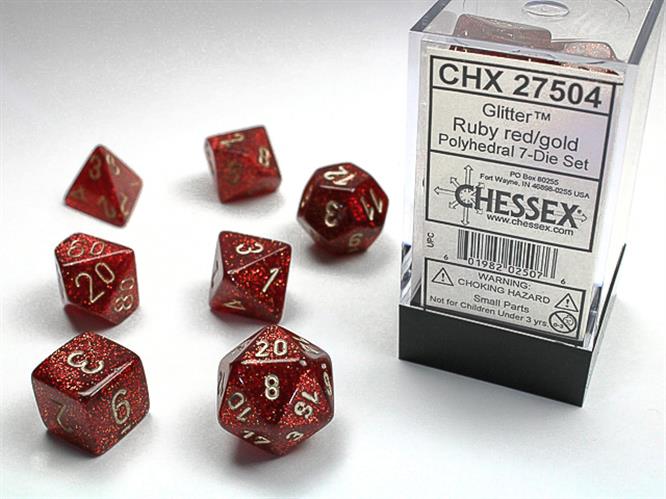 CHX 27504 - SET 7 DADI POLIEDRICI - GLITTER RUBY/GOLD