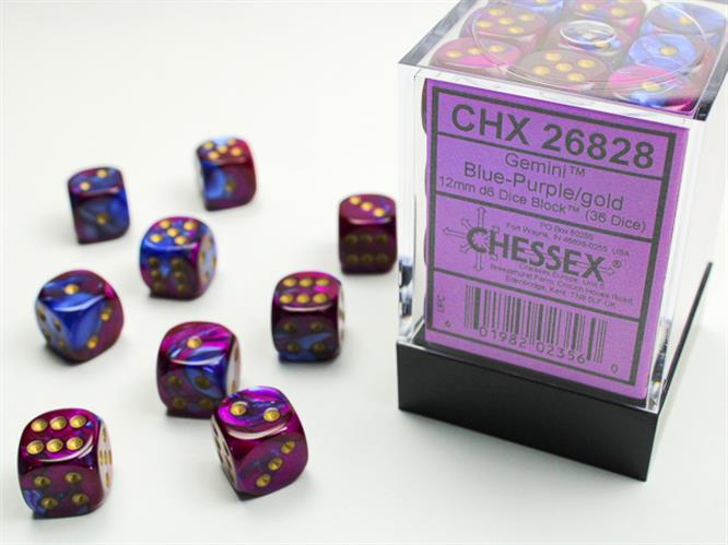 CHX 26828 - SET 36 DADI 6 FACCE 12 MM GEMINI - BLUE-PURPLE W/GOLD