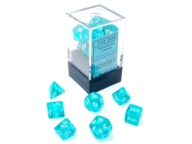 CHX 20385 - SET 7 DADI POLIEDRICI MINI - TRANSLUCENT TEAL/WHITE