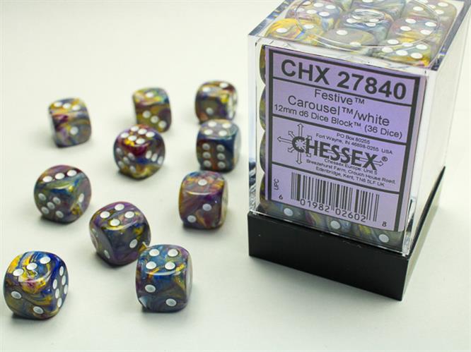 CHX 27840 - SET 36 DADI 6 FACCE 12MM - FESTIVE CAROUSEL W/WHITE