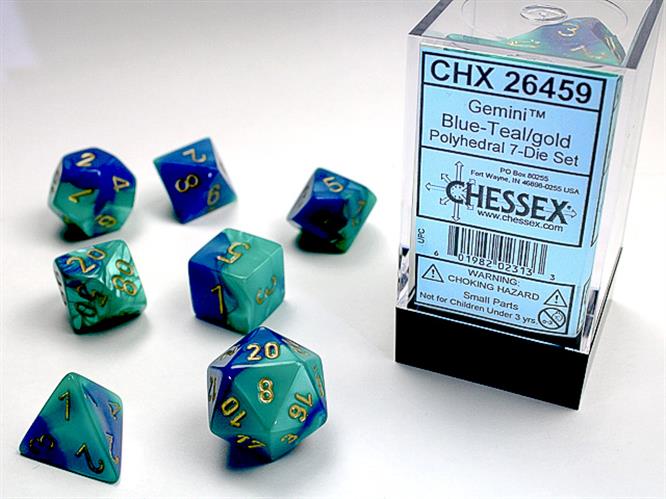 CHX 26459 - SET 7 DADI POLIEDRICI GEMINI - BLUE-TEAL W/GOLD