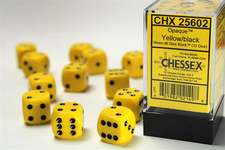 CHX 25602 - SET 12 DADI 6 FACCE 16MM OPACHI - YELLOW W/BLACK