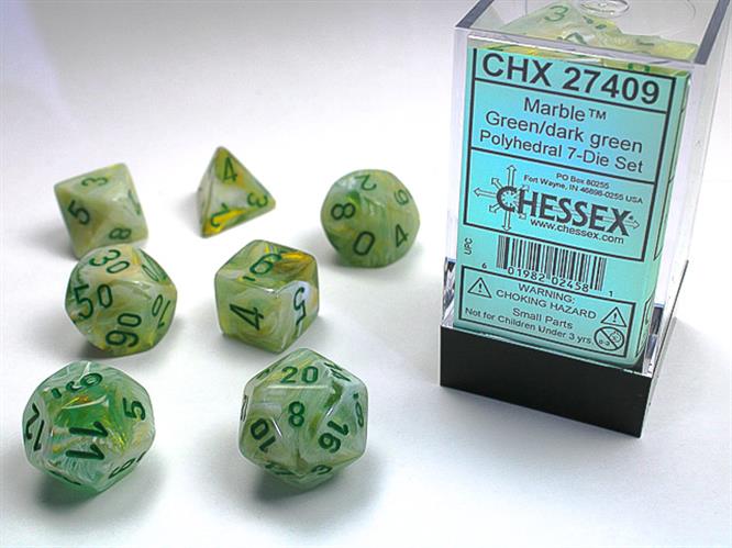 CHX 27409 - SET 7 DADI POLIEDRICI - MARBLE GREEN W/DARK GREEN