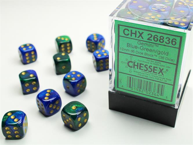 CHX 26836 - SET 36 DADI 6 FACCE 12 MM GEMINI - BLUE-GREEN W/GOLD