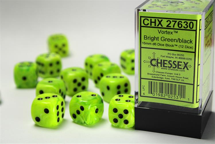 CHX 27630 - SET 12 DADI 6 FACCE 16MM - VORTEX BRIGHT GREEN W/BLACK