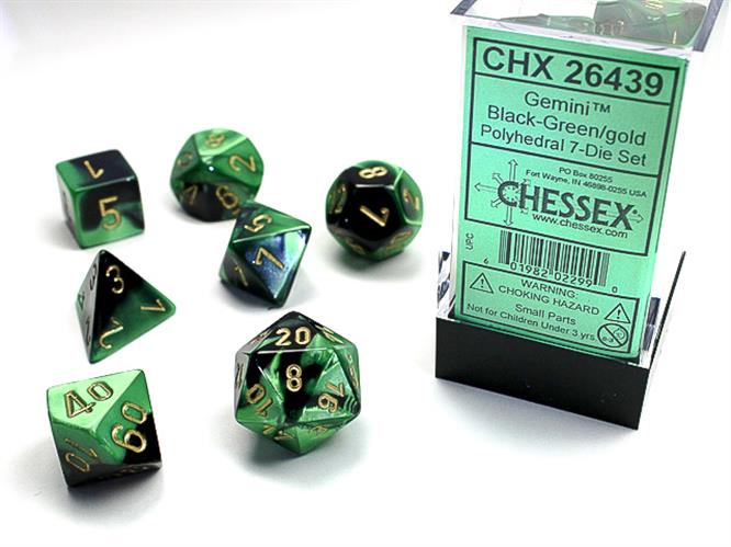 CHX 26439 - SET 7 DADI POLIEDRICI GEMINI - BLACK-GREEN W/GOLD