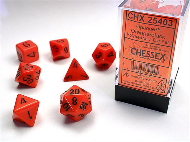 CHX 25403 - SET 7 DADI POLIEDRICI OPACHI - ORANGE W/BLACK